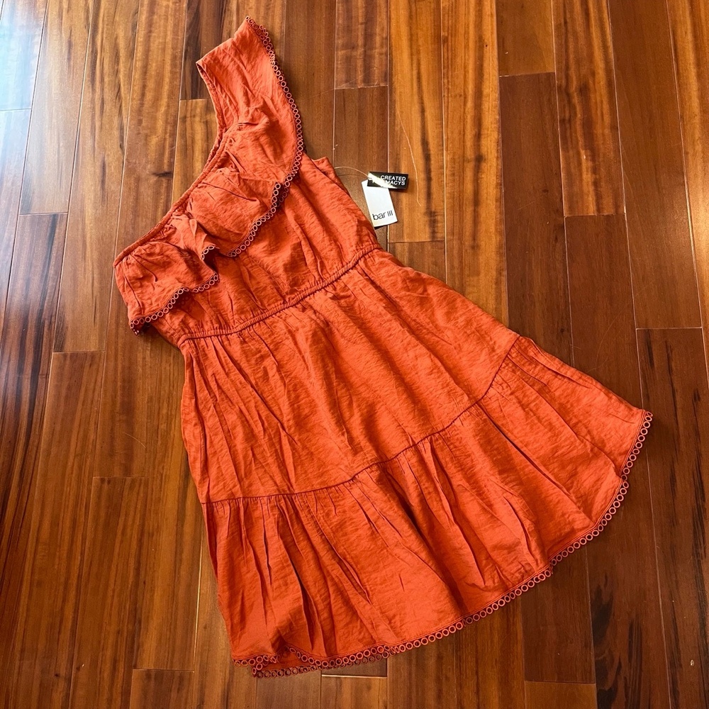 New NWT Bar III Rust Brick Orange Dress‎ One-Shoulder Ruffled Tiered Size Large